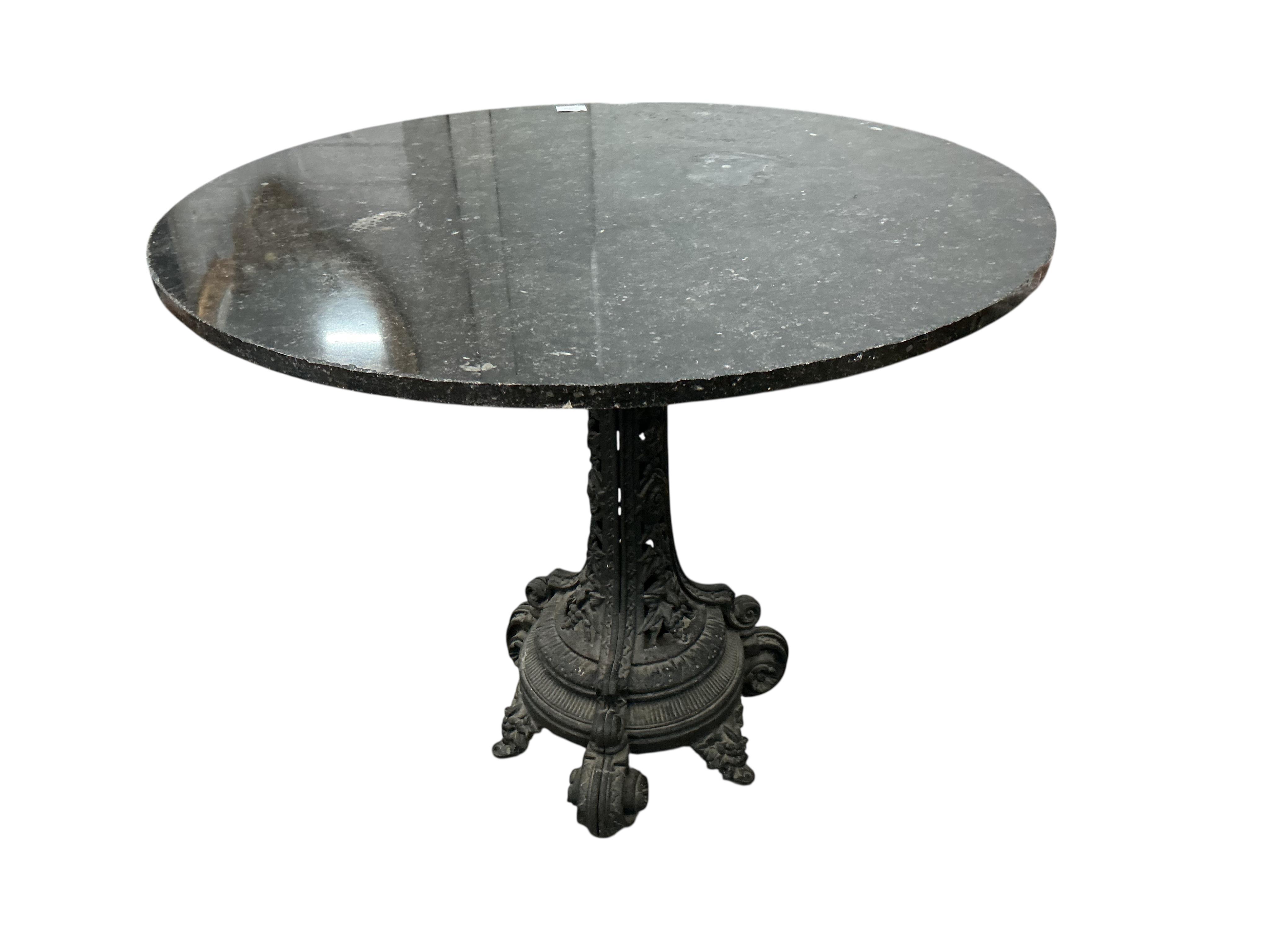 A Victorian and later circular cast iron marble topped centre table, diameter 90cm, height 76cm, Provenance: The late Kenneth Turner (1936-2025), celebrity florist, designer and perfume retailer, he received the Royal Wa